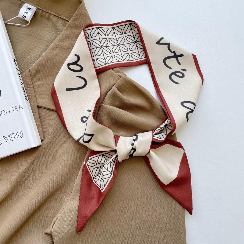 Luxury  Scarf Red Stripe Printing Women Scarf Bag Hair Skinny Silk Scarves Lady Foulard Neckerchief Headband