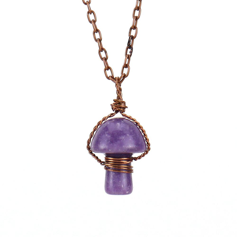 Vintage Hand-Wound Natural Stone Crystal Small Mushroom Pendant Necklace Jewelry N555 pure natural