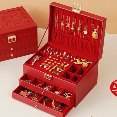 Multilayer Leather Wedding Jewelry Storage Box with Drawers for Necklaces and Rings