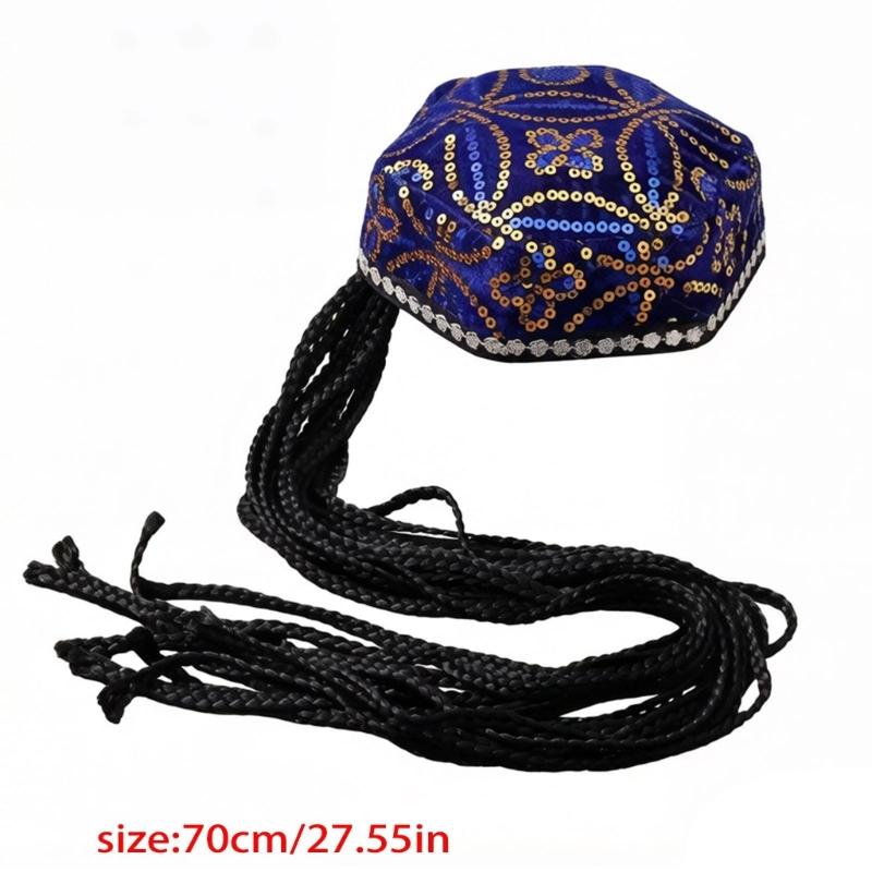 Elegant Beret Cap with Decorative Braids And Sequined Flower Decors Uyghur Hat For Stage Performances and Cultural Event