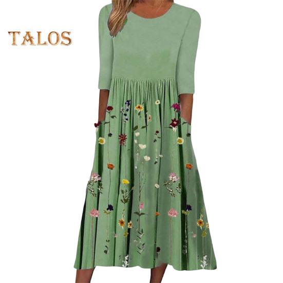 

Женское летнее струящееся платье миди в стиле бохо с цветочным принтом и карманами, повседневное платье-халат с коротким рукавом и круглым вырезом S зелёный