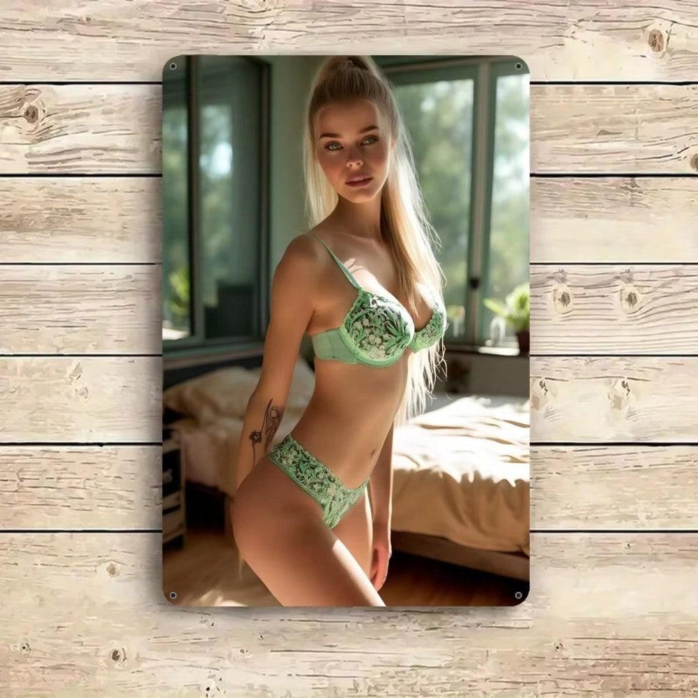 Retro 80s Anime Metal Poster, Turquoise Lingerie Lady 2D Flat Wall Art for Home Decor