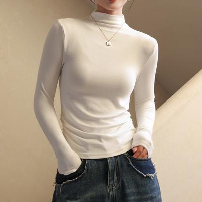 Autumn Winter Half High Collar Solid Color Bottomed Tee Women Long Sleeve All-match Bottomed Pullover Top Tee