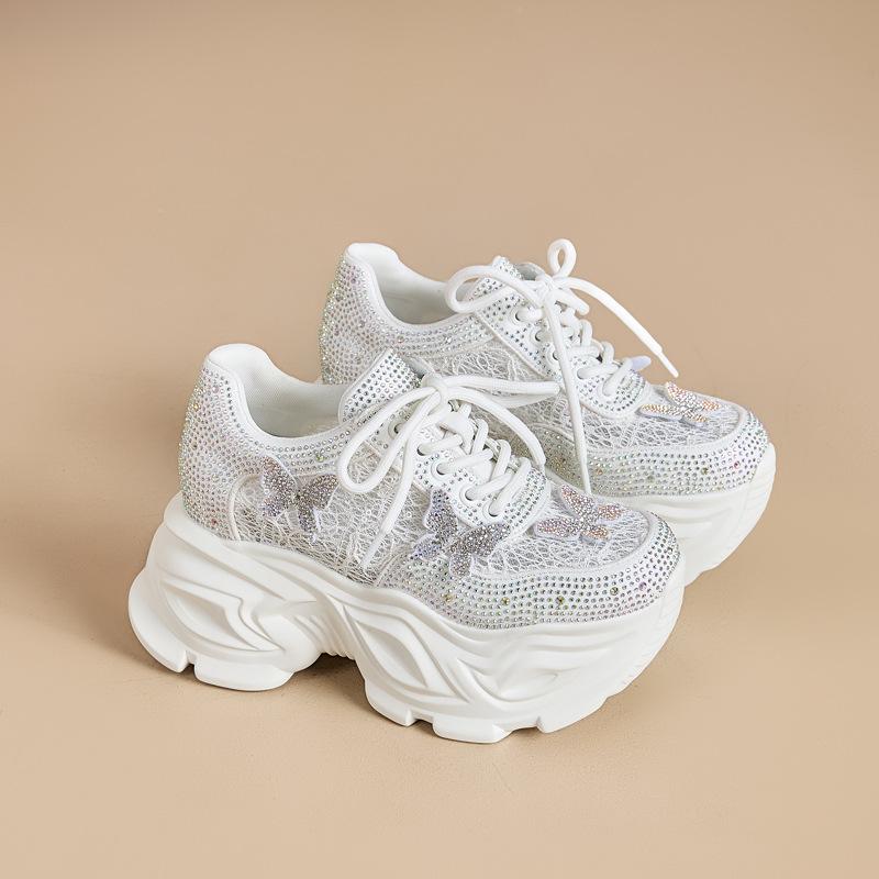 Inner Height Increase Thick Sole Super Fire Explosion Butterfly Single Net Rhinestone Dad Shoes Women's Spring 2025 New Casual Shoes Tide