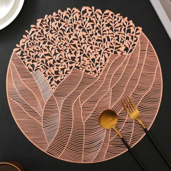 Round PVC Placemats with Gold Foil Leaf Pattern Heat Resistant Waterproof Table Mat Warm Dining Atmosphere Mats for Home Dining Party Decor