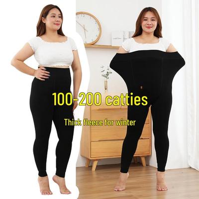Plus Size High Waist Velvet Cotton Leggings for Winter - Solid Color, Warm, for Women Up To 200 Lbs