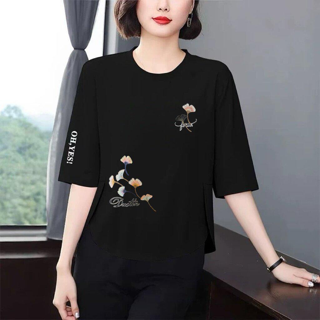 

High-End Stylish Women s Seven-Sleeve Loose-Fit Slimming T-Shirt, Belly-Covering Casual Top for a Youthful Look in Middle and Elderly Age. XL