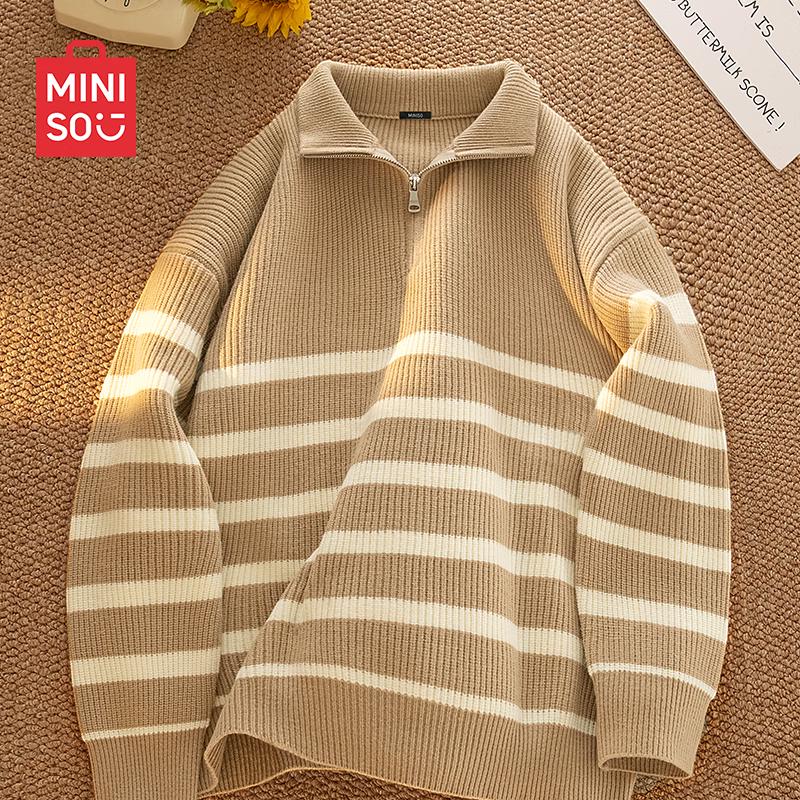 

MINISO Men s Japanese Style Half-Zip Stand Collar Loose Knit Sweater L