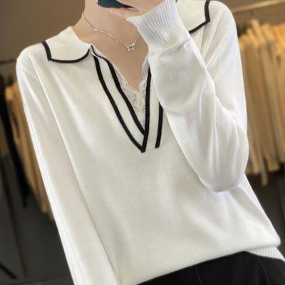Lapel Knit Sweater Women's Spring and Autumn Loose Casual Color Collision Fashion Polo Sweater