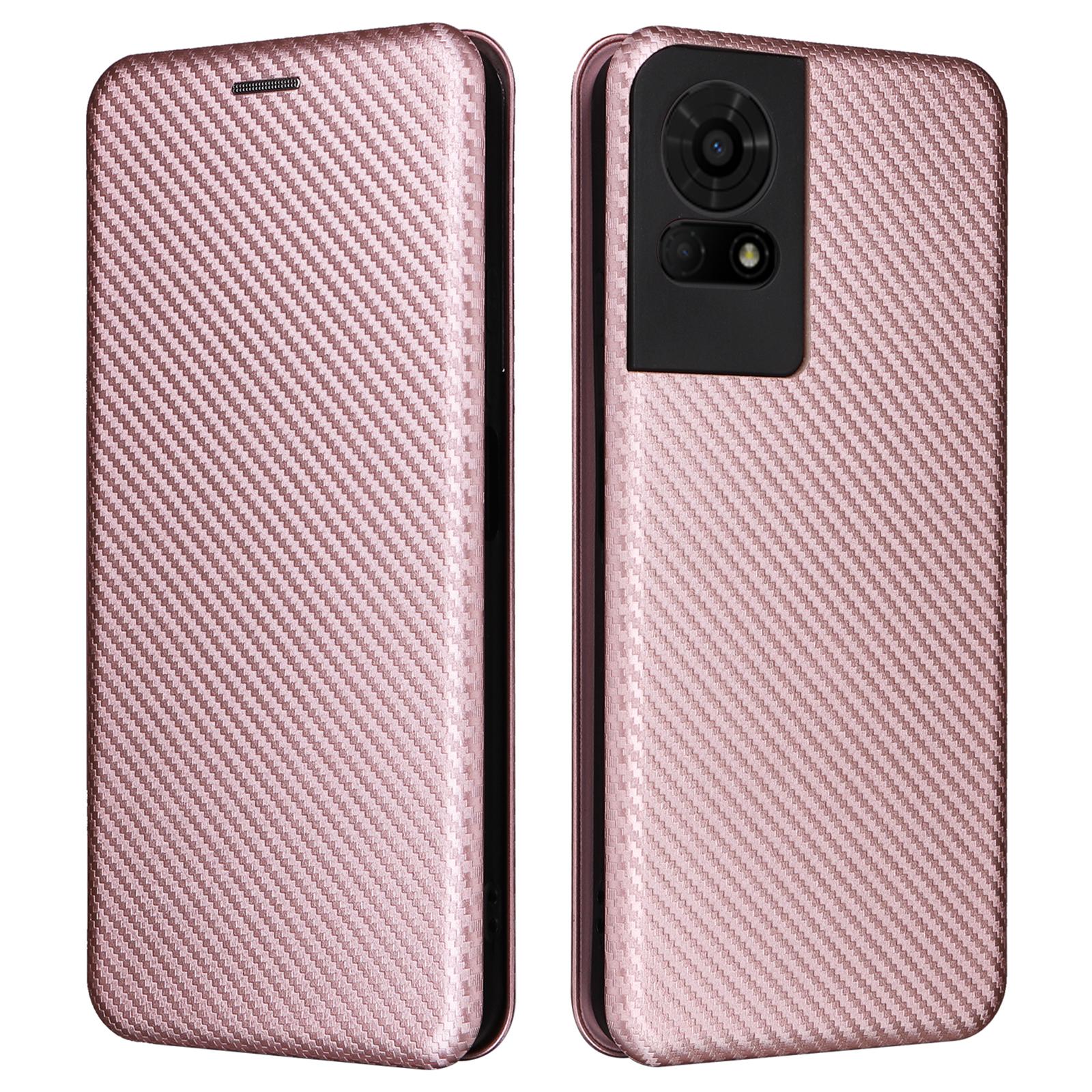 

For TCL 50 LE Case Stand Card Holder Leather Folio Phone Cover Carbon Fiber Texture Rose Gold