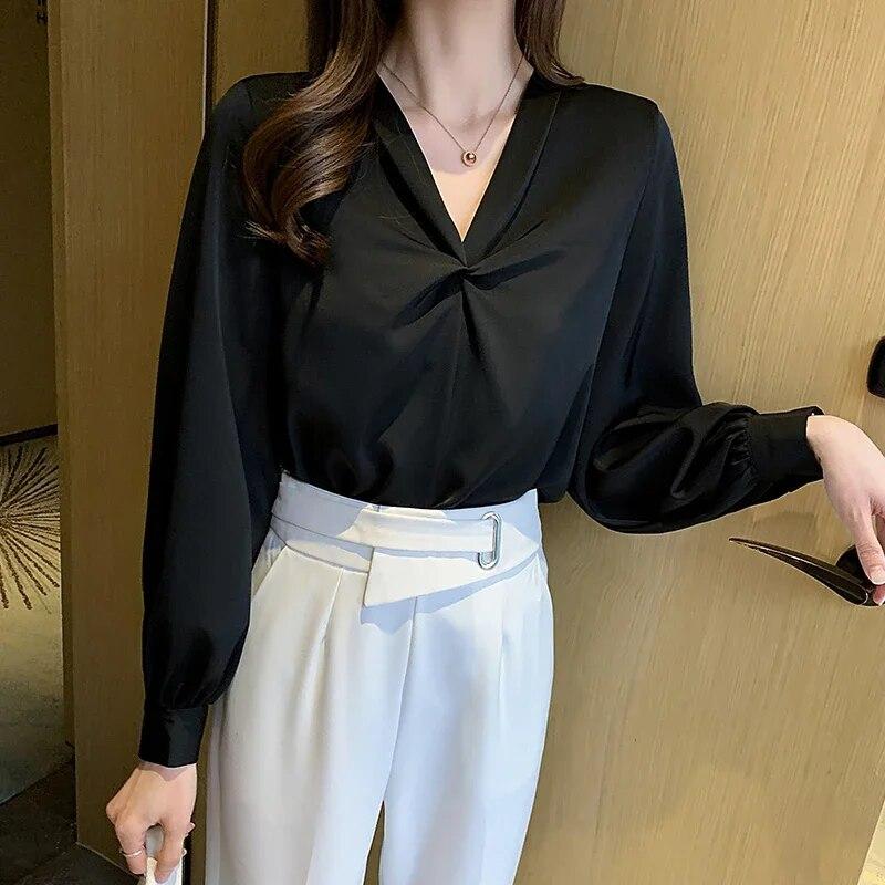Fashion Chiffon Blouse Women Elegant Long Sleeve Womens Shirts V Neck Woman Tops Autumn Bottoming Female Clothing 30127