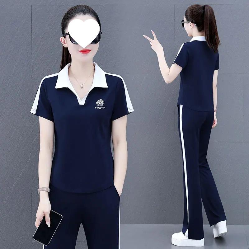 Ležérní sportovní souprava, Dámské letní oblečení, Jednoduchá, moderní a omlazující mikina s krátkým rukávem, Rovné kalhoty Dvoudílná sada