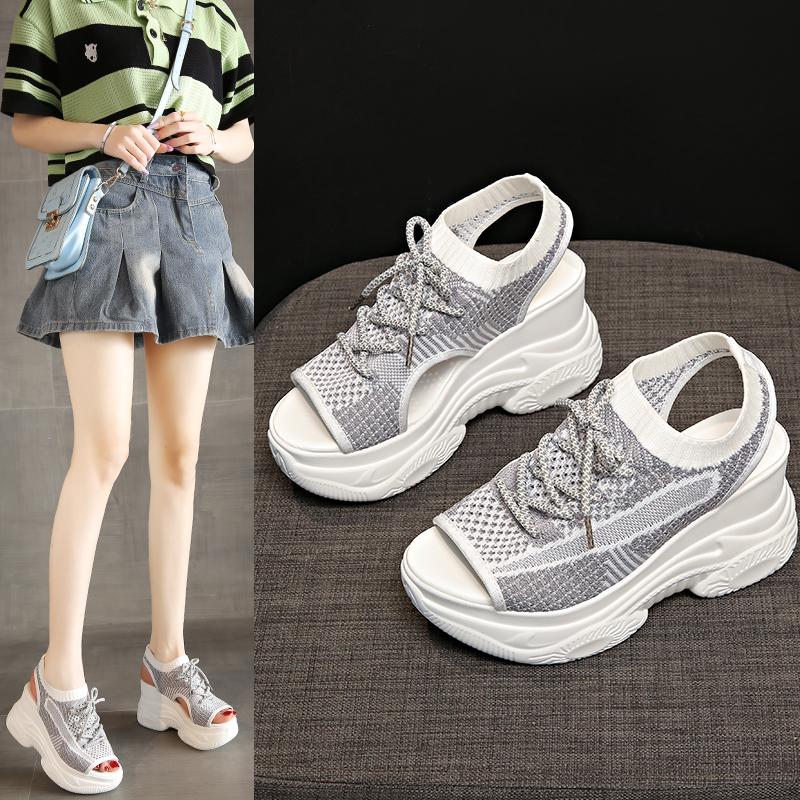 Womens Hollow Out Sport Sandals Fabric Lace Up Footwear Front Vulcanized Shoes For Women Thick Platform Wedge Sandals