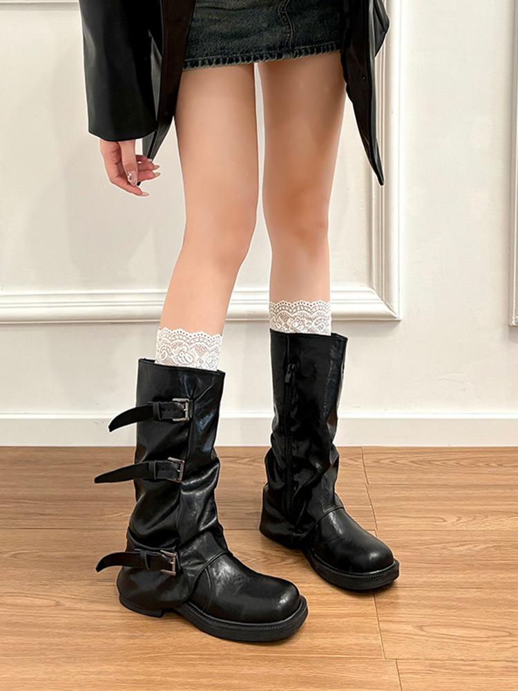 Niche Retro Pleated Thick-soled Stacking Boots Women's Medium Boots Pant Tube Boots Knight Boots Western Boots