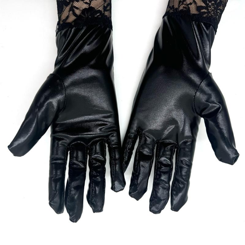 Long Black Operas Party Gloves for Women Stretchy Elbow Length Party Gloves Leather Lace Gloves for Wedding Halloween