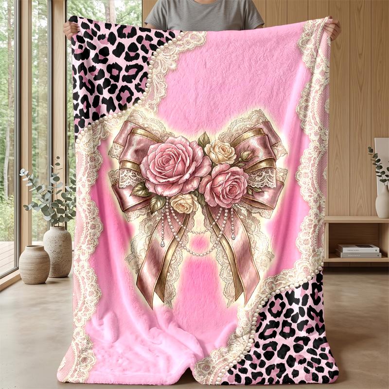 Pink Roses and Bows on Stripes Theme blanket Lightweight Warm Flannel Blanket Decorative Throw Blanket for Home Decoration