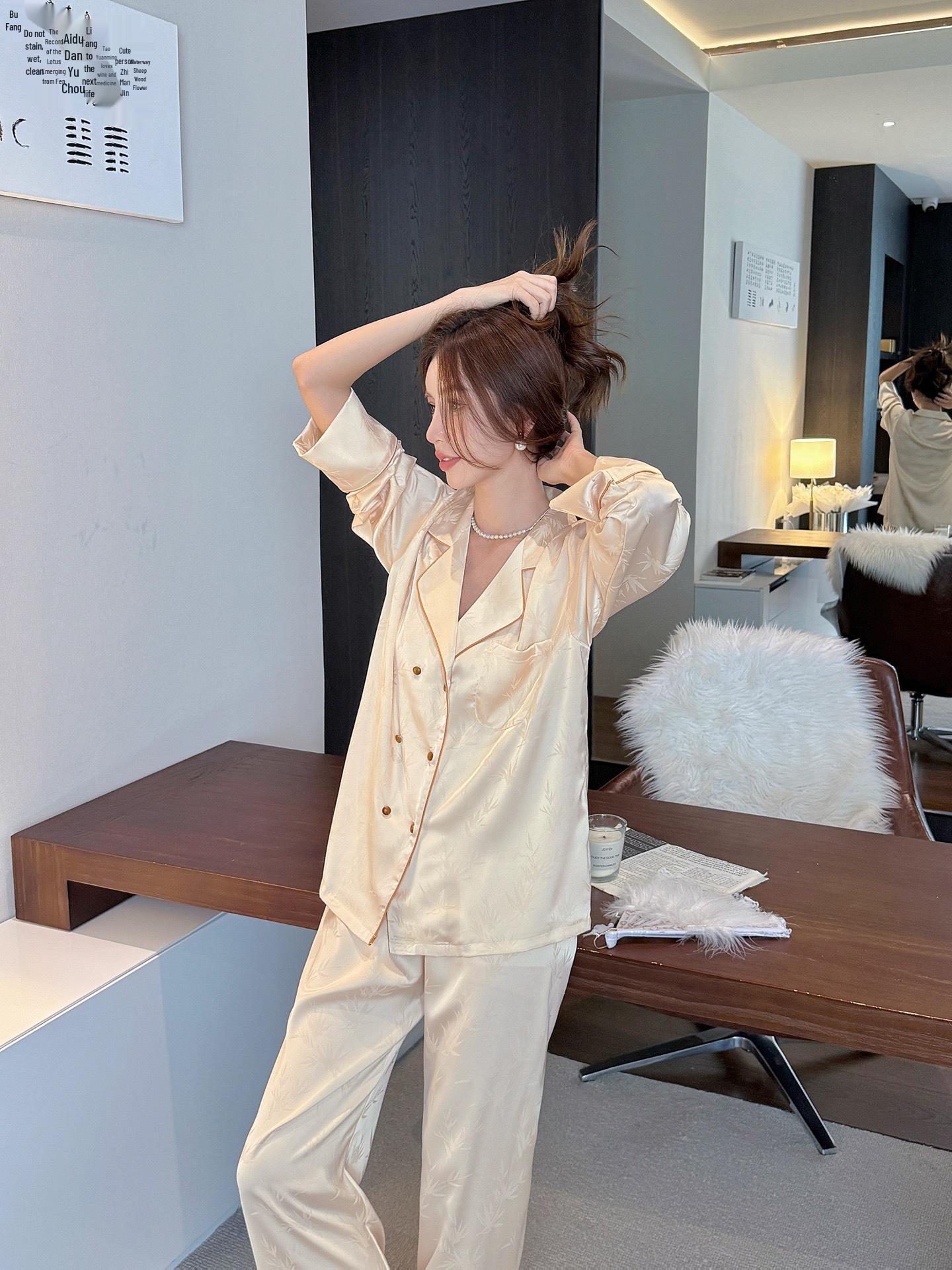 New Chinese Style Satin Chiffon Women s Pajamas - Retro Charm, Long Sleeve Jacquard Pattern, Button Details - Perfect for Spring & Autumn XL