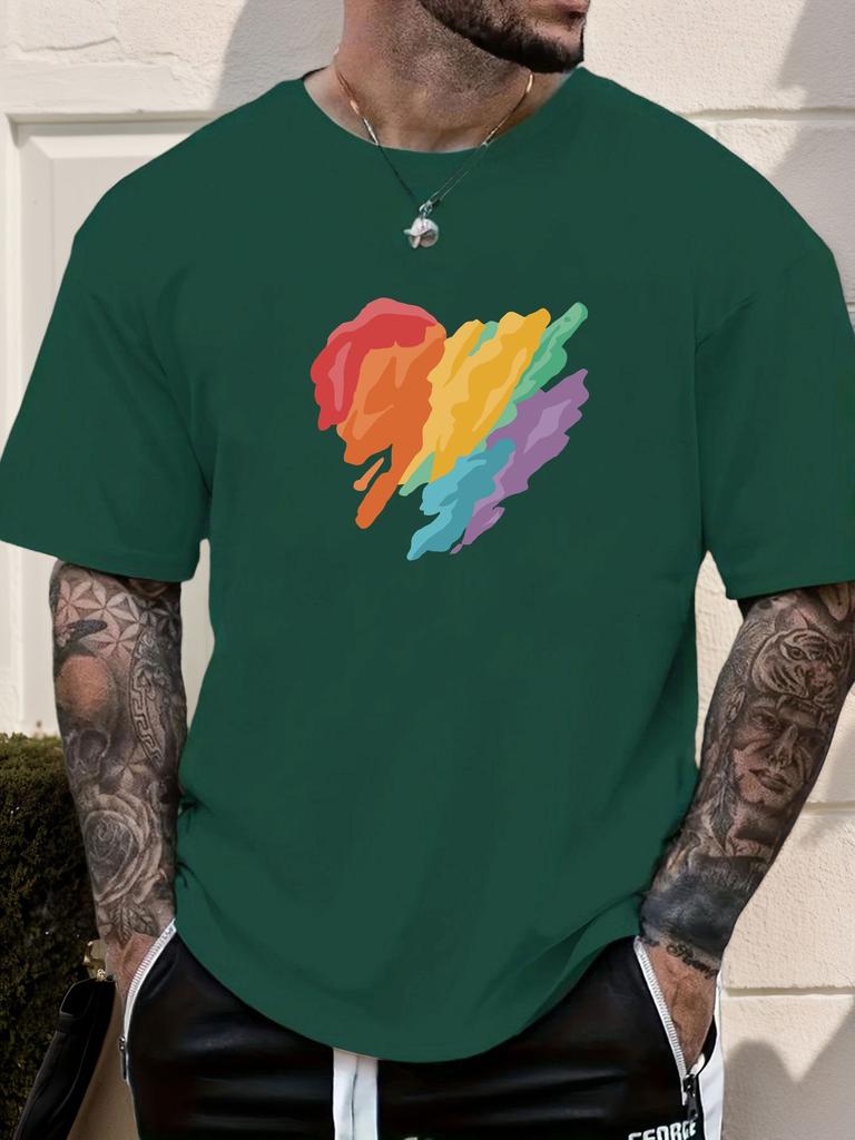 Mens Casual Tshirt Rainbow Heart Print Short Sleeve Round Neck Breathable Soft Oversized Vibrant Daily Wear Tee