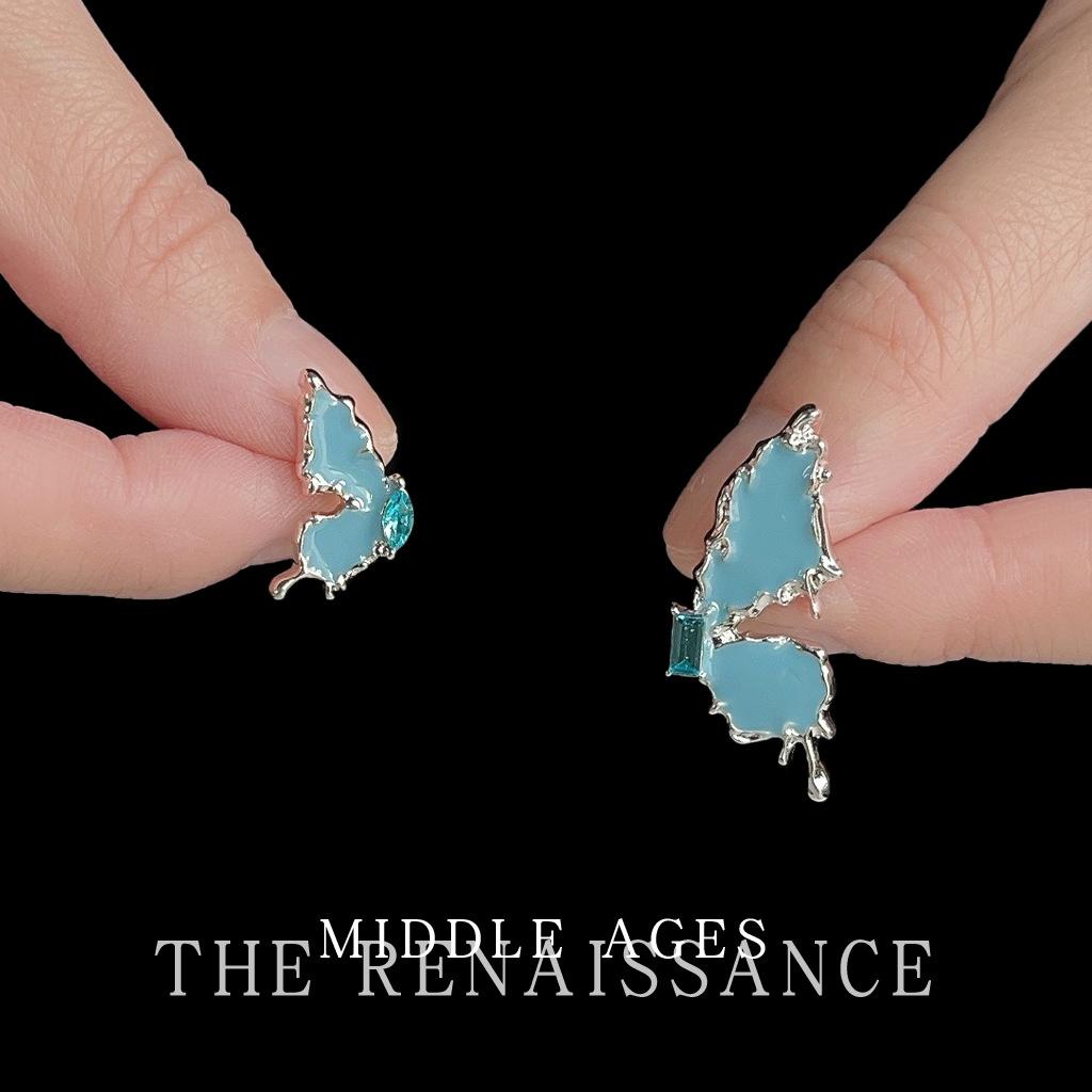 Blue Ocean Streamer~ Enamel Oil Drop Butterfly Earrings Niche Asymmetrical Design Earrings