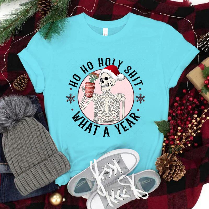 Ho Ho Ho Weihnachtsshirt mit kurzen Ärmeln für Damen Weihnachtsmannmütze Totenkopf Street Style Kleidung Damen Trendiges Neujahrsshirt