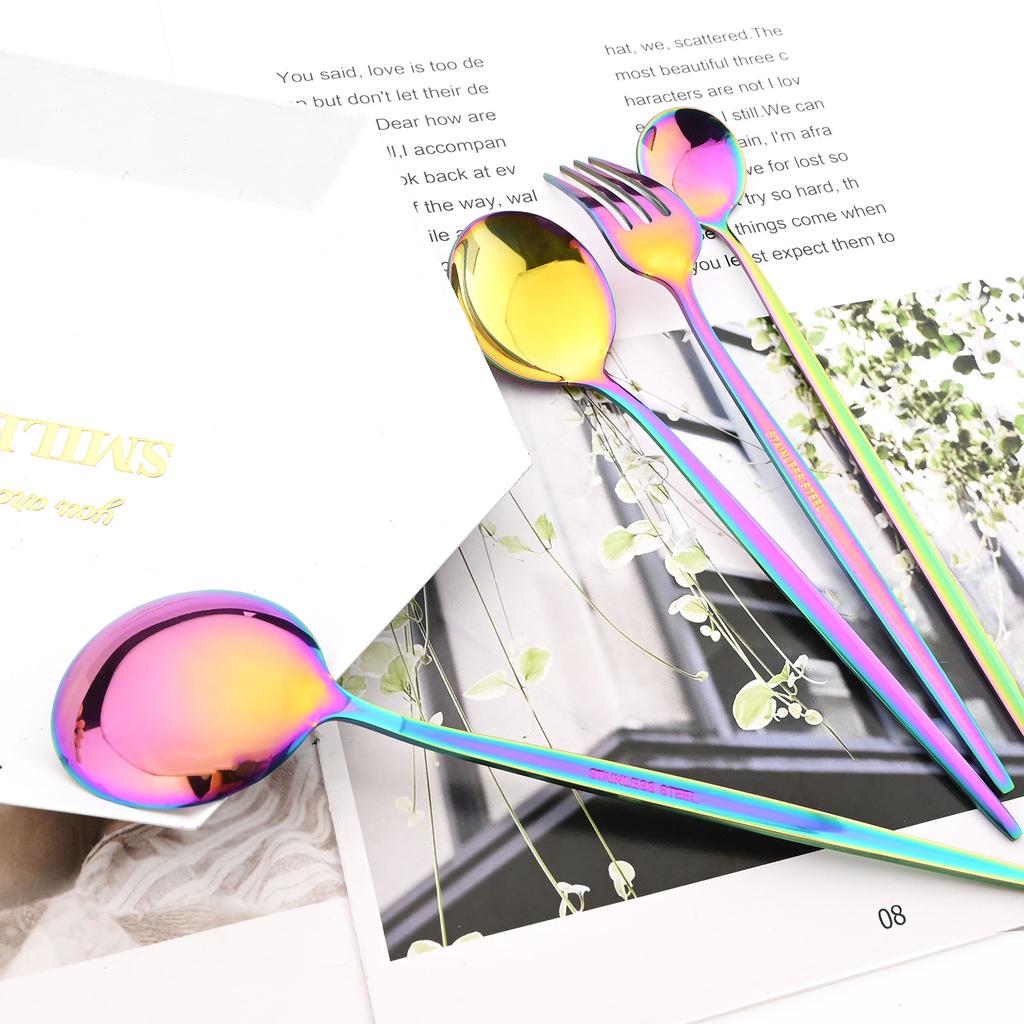 6Pcs Multicolor Cutlery Set Fork Knife Spoon Flatware Stainless Steel Dinnerware Set Long Ice Spoon Kitchen Tableware Set