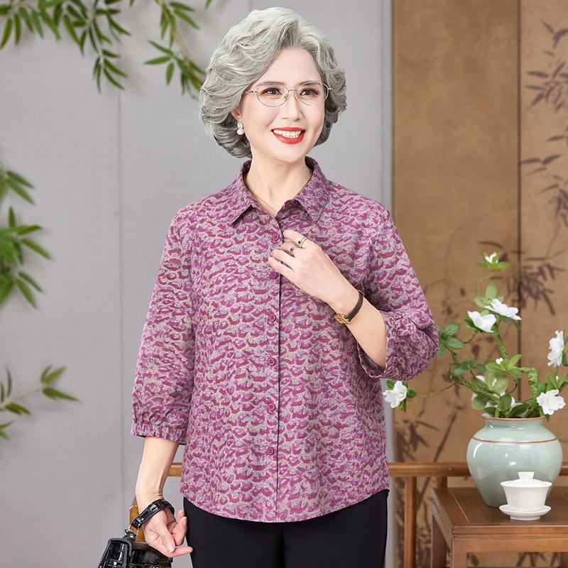 Elderly Women's Spring/Summer Pure Cotton 3/4 Sleeve Shirt for Mom/Wife/Grandma In 60s-70s