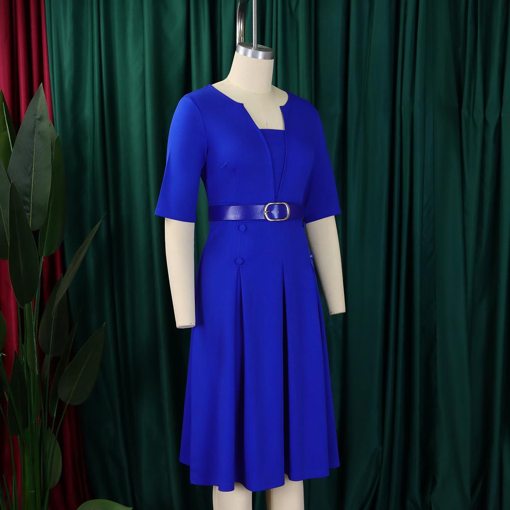 Autumn Fashion Plus Size Women's Elegant Temperament Pure Color Five-quarter Sleeve African Dress with Graceful Style