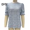 Women Tops Round Neck Puff Short Sleeve Hollow Lace Pullover Tops Solid Color Loose Fit Summer T-shirt