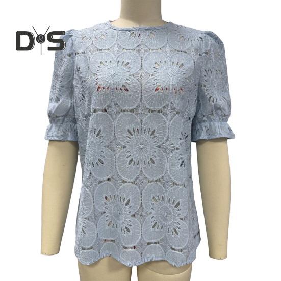 Women Tops Round Neck Puff Short Sleeve Hollow Lace Pullover Tops Solid Color Loose Fit Summer T-shirt