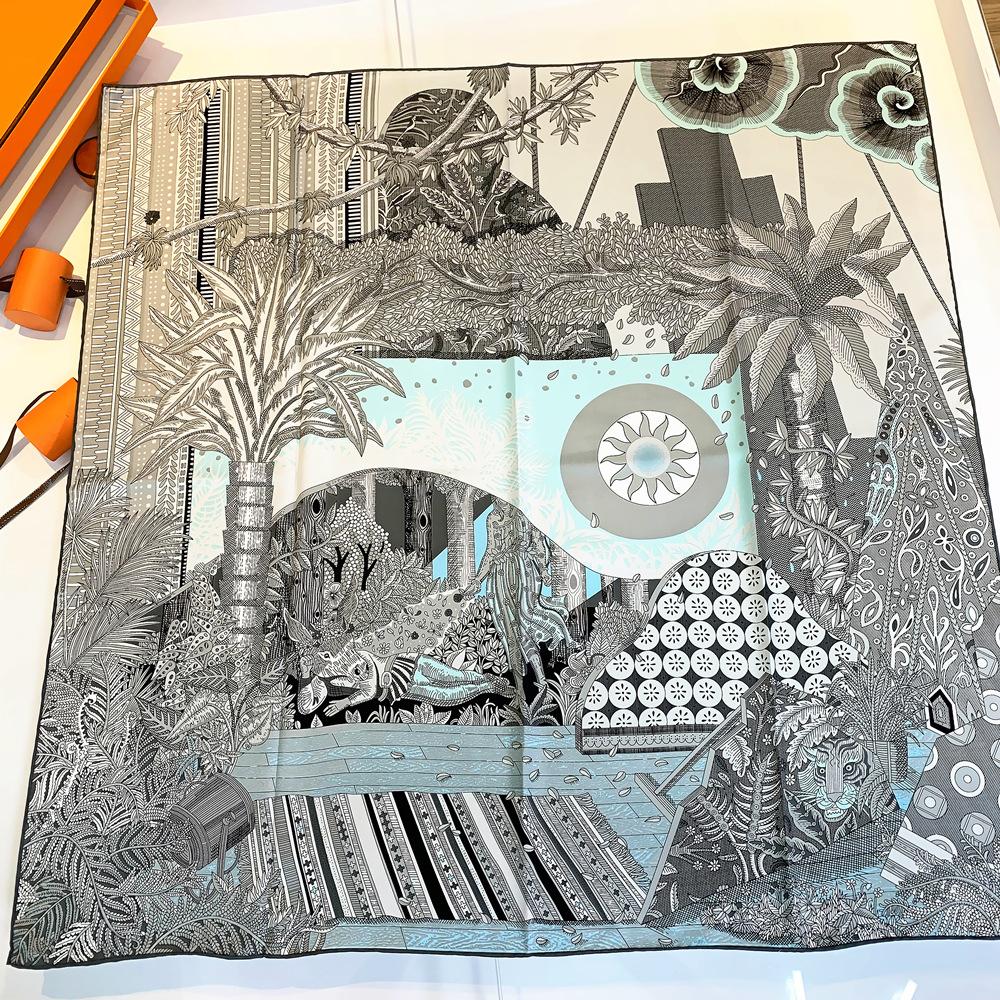 New Handmade Curled Twill Square Scarf Plant Jungle Sun Women's Shawl 90 * 90cm Fashion Trend Fabric Soft