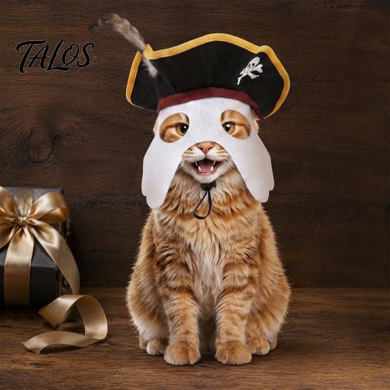 Pet Cosplay Supplies Halloween Pirate Hat, Black Hood with Feather, Funny Cat Photography Props Hat Face Mask for Dogs And Cats Party Costume