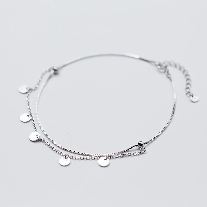 Simple Personality Double-layer Geometry Circle 925 Sterling Silver Chain Anklets Jewelry