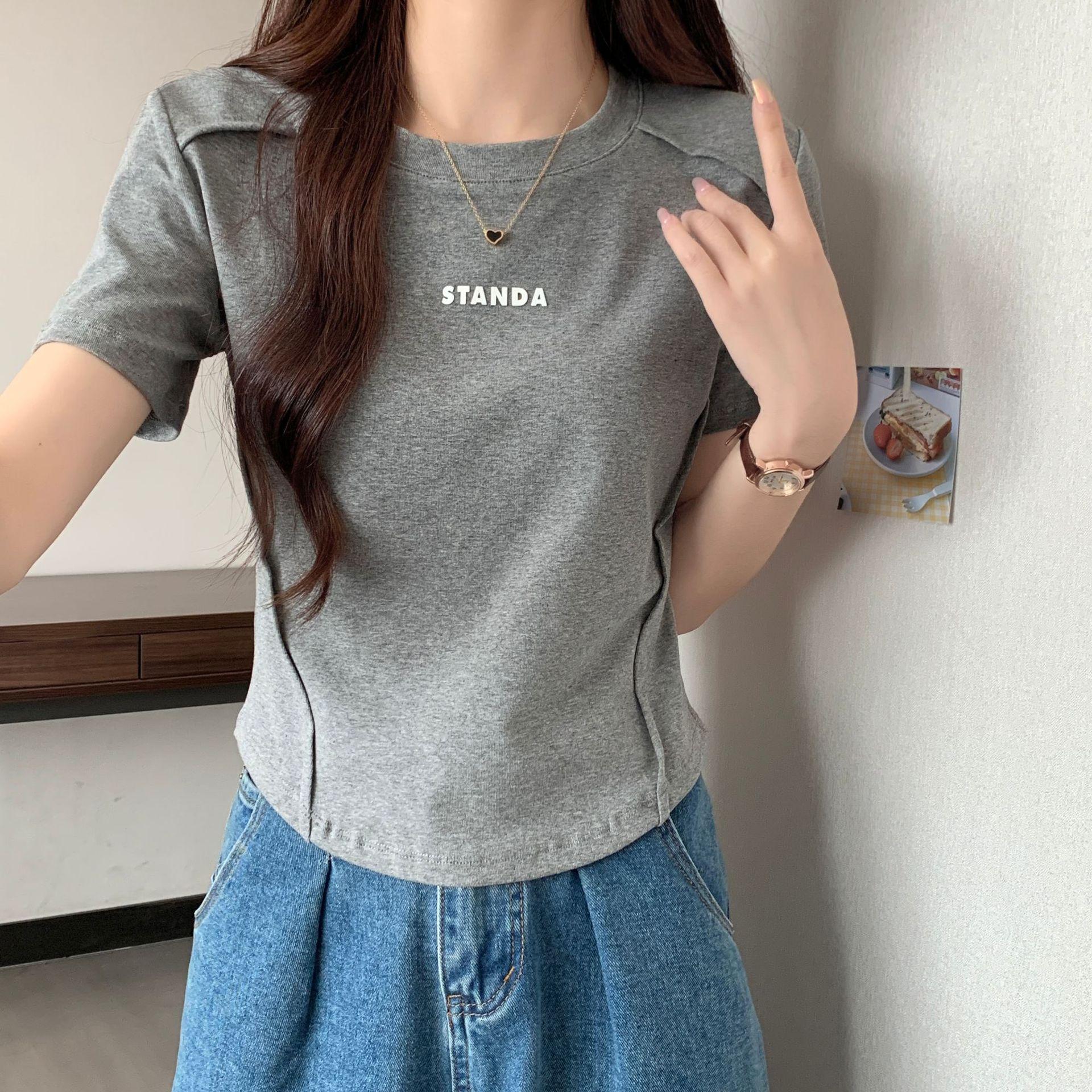 

Круглый вырез, сладкая и пряная футболка с короткими рукавами спереди на плече для женщин, летняя, новая тонкая короткая закругленная кромка, базовый топ XL серый