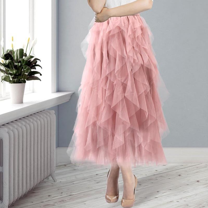 1pcs Women Tulle Skirts Layered Tutu Skirt Midi Length Elastic High Waist A Line Skirt