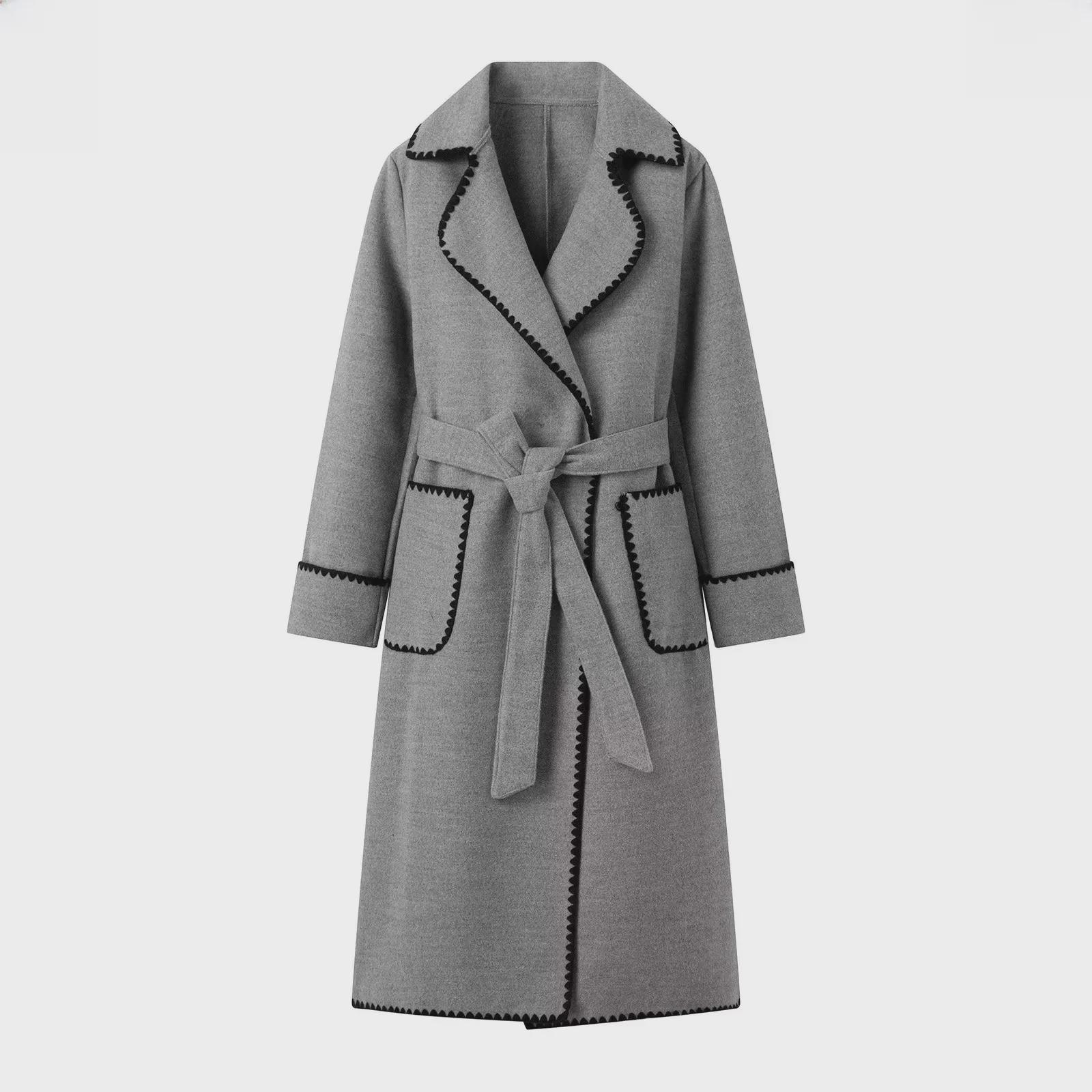 

2023 Warm Long-Sleeved Woolen Lace-Up Women s Coat for Autumn/Winter Large сірий колір
