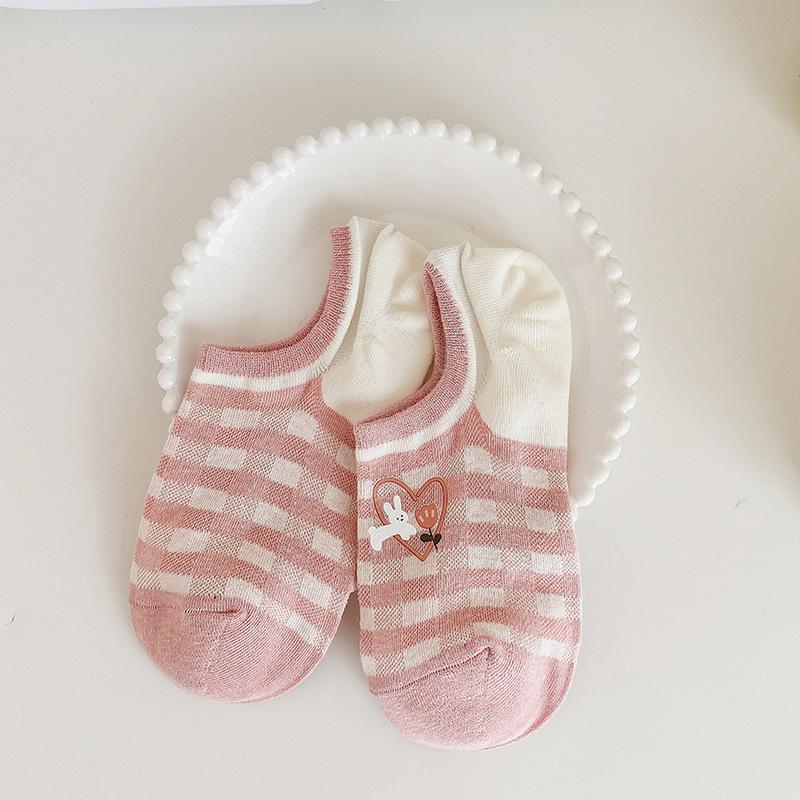 Women's Summer Boat Socks, Sweet Striped Cotton Socks That Won't Fall Off and Invisible Socks, Trendy Shallow Top Low-cut Short Socks