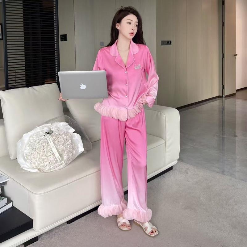 1011 Spring and Autumn New Ice Silk Pajamas Women's Light Luxury Lace French Satin Gradual Change Color High-end Loungewear Set