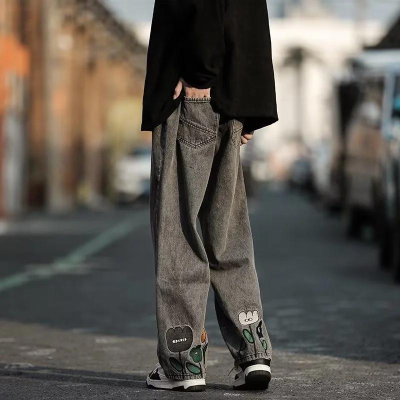 Men's Y2K Flower Printed Baggy Jeans Streetwear American Casual Denim Wide-leg Pants Hombre Vintage Straight Trousers
