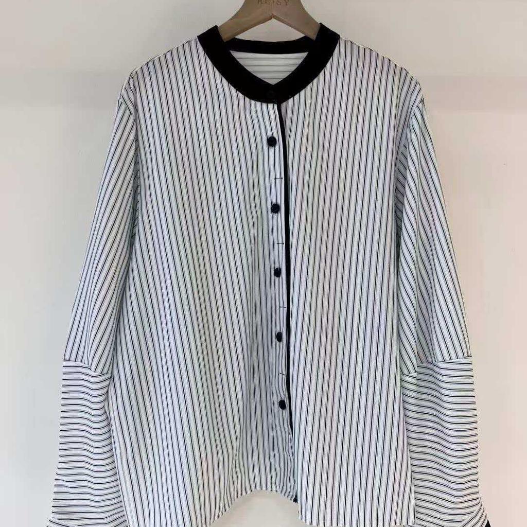 1116 Autumn New Women's Lapel Japanese Cotton Shirt Loose Shirt Top Cardigan Striped Literary Style