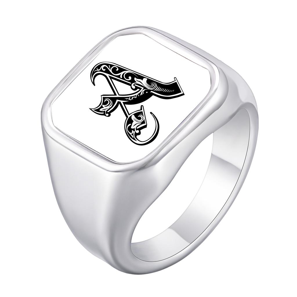 Engrave Custom A-Z Initial Picture Rings for Men, Stainless Steel Male Signet Ring, High Polished Finger Jewelry Gift Father Day