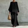 European-American Style Women's Loose Waffle Knit Wide-Leg T-Shirt and Pants Set.