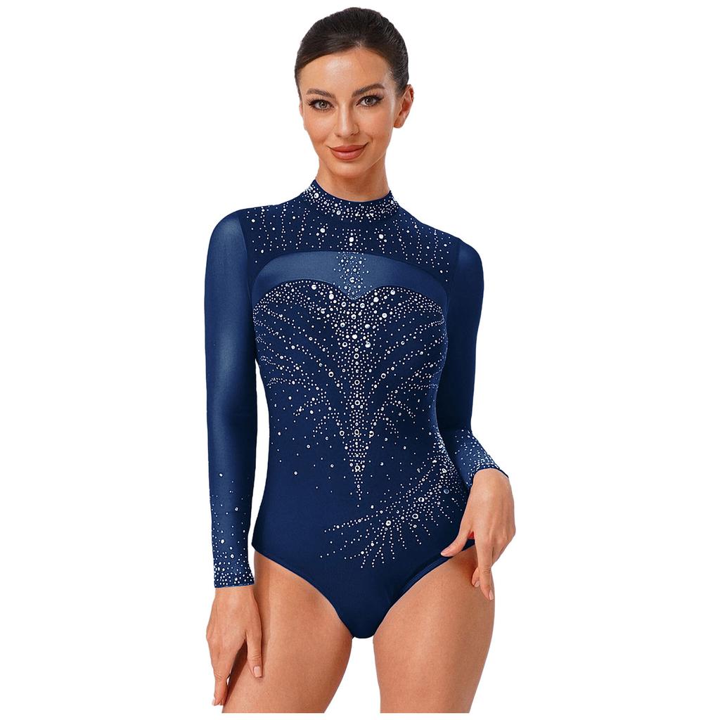 Women Mock Turtleneck Long Sleeve See-through Sparkly Rhinestone Leotards Gymnastics Performance Outfits