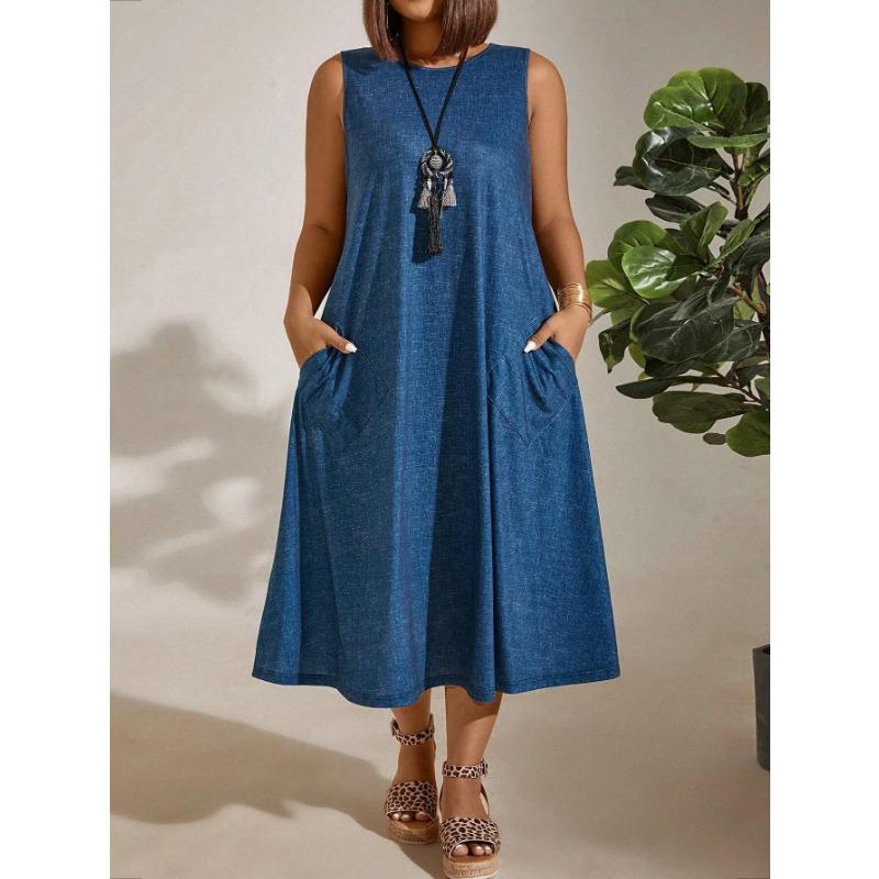 YYFS Damenmode Sommer Frühling Einfarbig Druck Ärmellos O-Ausschnitt Lose Taille Freizeitkleider