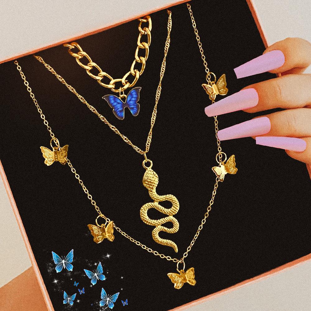 Stacked Wind Butterfly Necklace Female Rose Letter European and American Neck Chain Creative Snake Necklace
