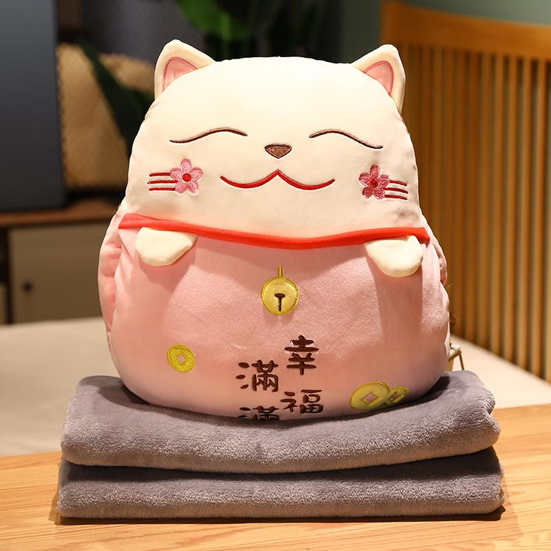 Lucky Cat Plush Pillow+Carpet 2 In 1 Stuffed Maneki Neko Sleep Blanket Cushion Hand Warmer Cartoon Throw Pillow with Blanket