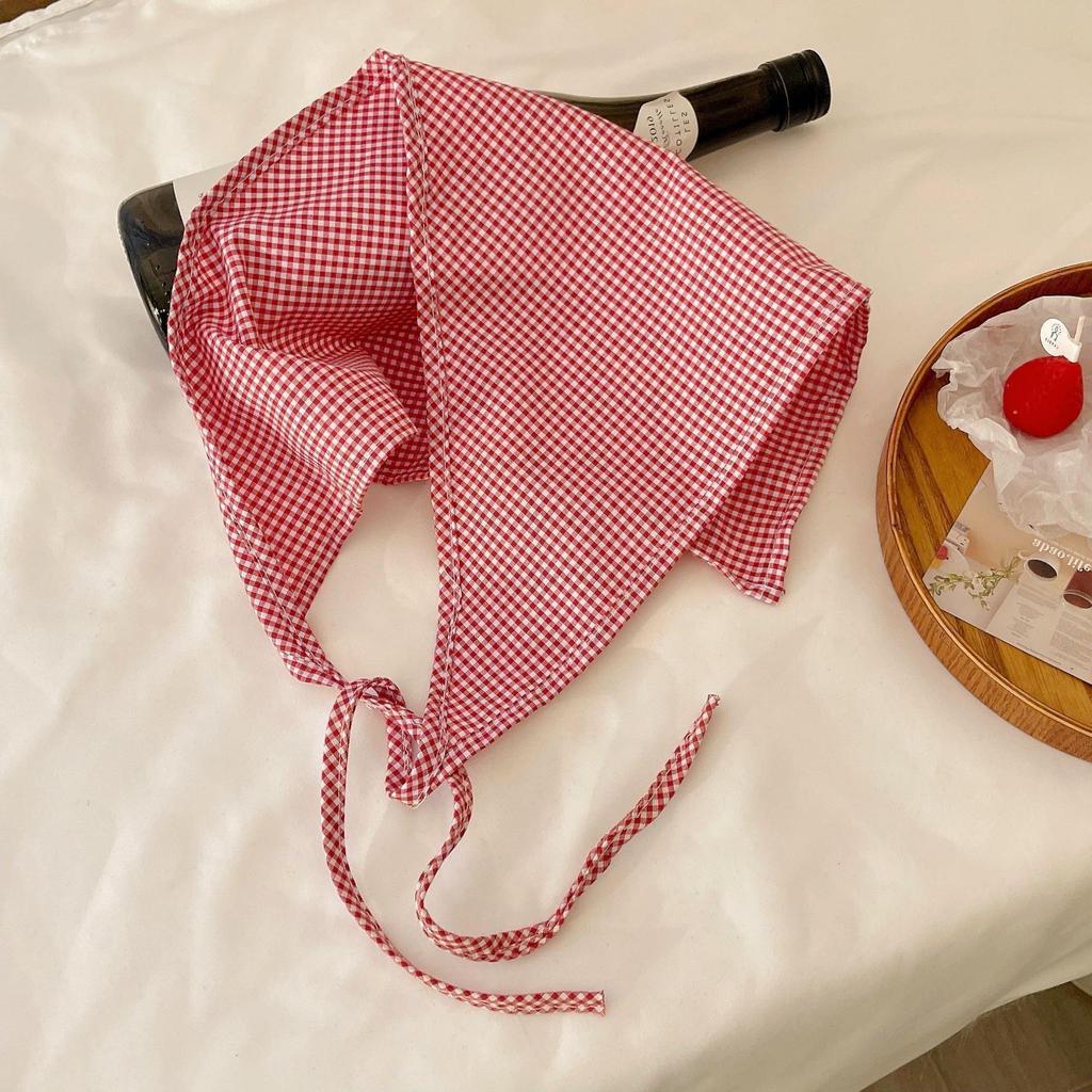 2026 Pastoral Style Lace Triangle Scarf Headband - Sweet Temperament Retro Plaid Ribbon Accessory.