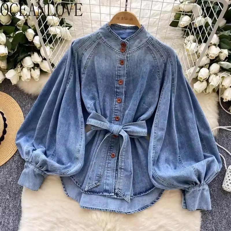 Denim Hemden&Blusen Damen Oberteile Herbst Frühling Laternenärmel Retro Einfarbig Stehkragen Bindegürtel Schick Camisas