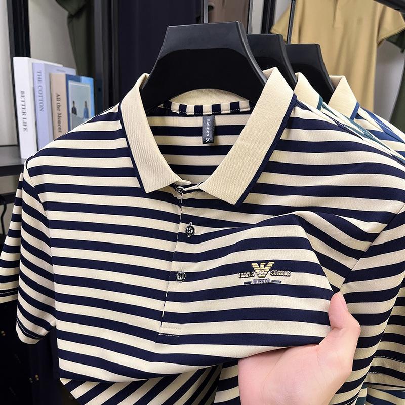

Мужская дышащая рубашка поло из шелка Mulberry, полосатая футболка в отцовском стиле, свободный топ с лацканами 4XL