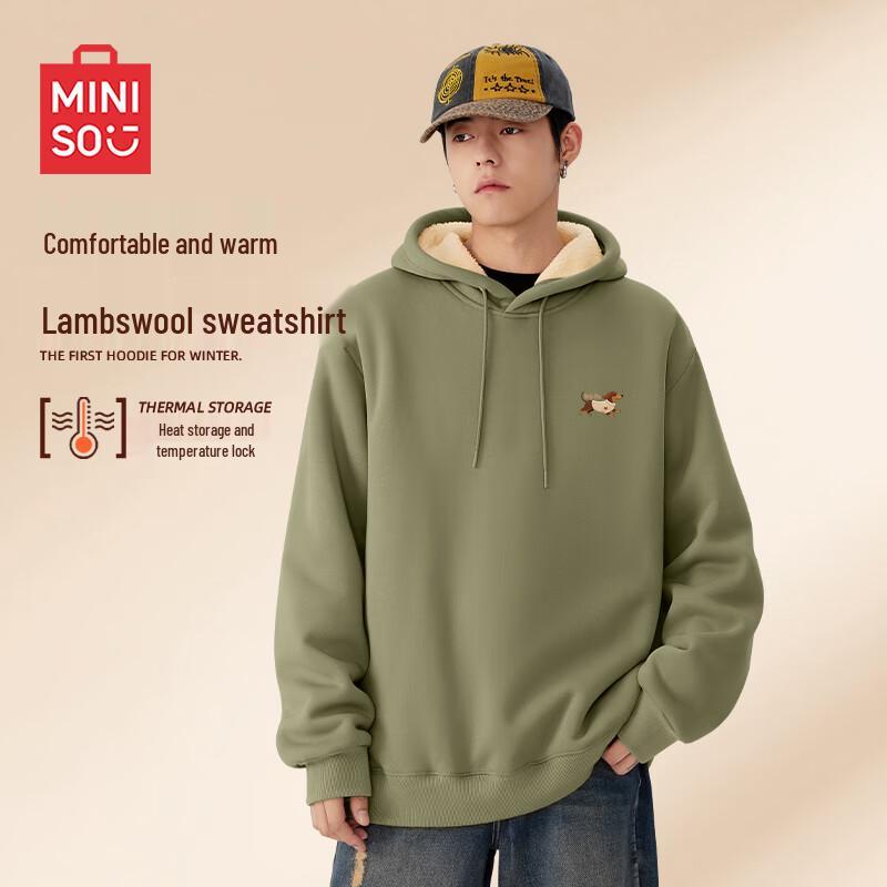 MINISO Men's Lamb Fleece Hooded Sweatshirt with Dachshund Logo