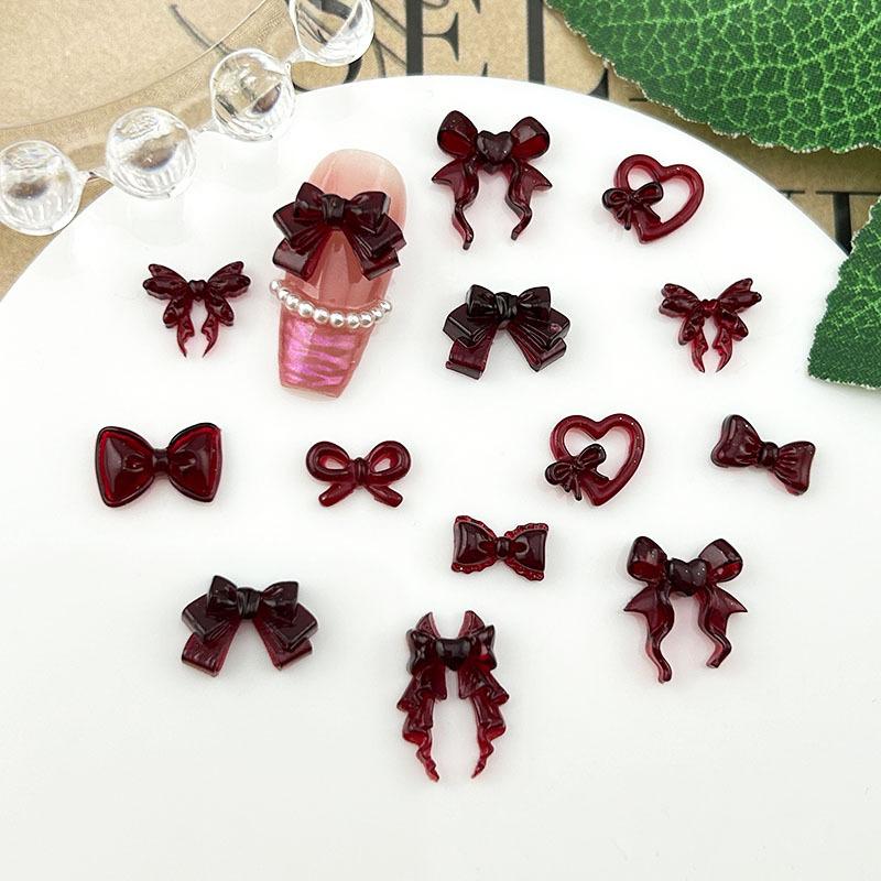20Pcs Wine Red Resin Bow Nail Charm Bulk Mix Size 3D Ribbon Bowkont Mini Kawaii Nail Art Accessories Diy Cute Nails Decorations